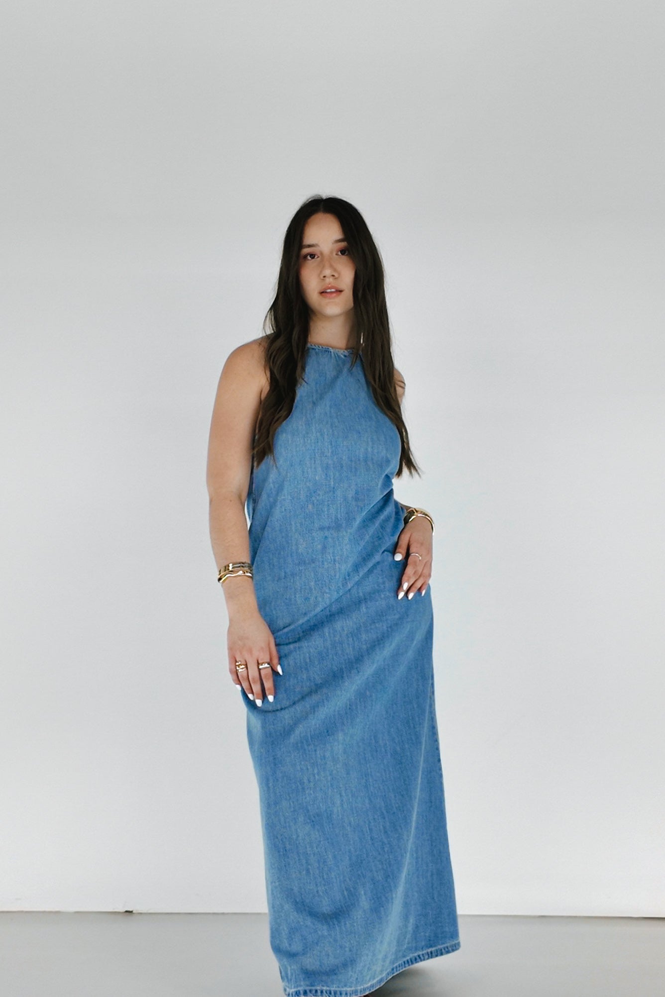 Golden Hour Backless Midi Denim Dress | Blue