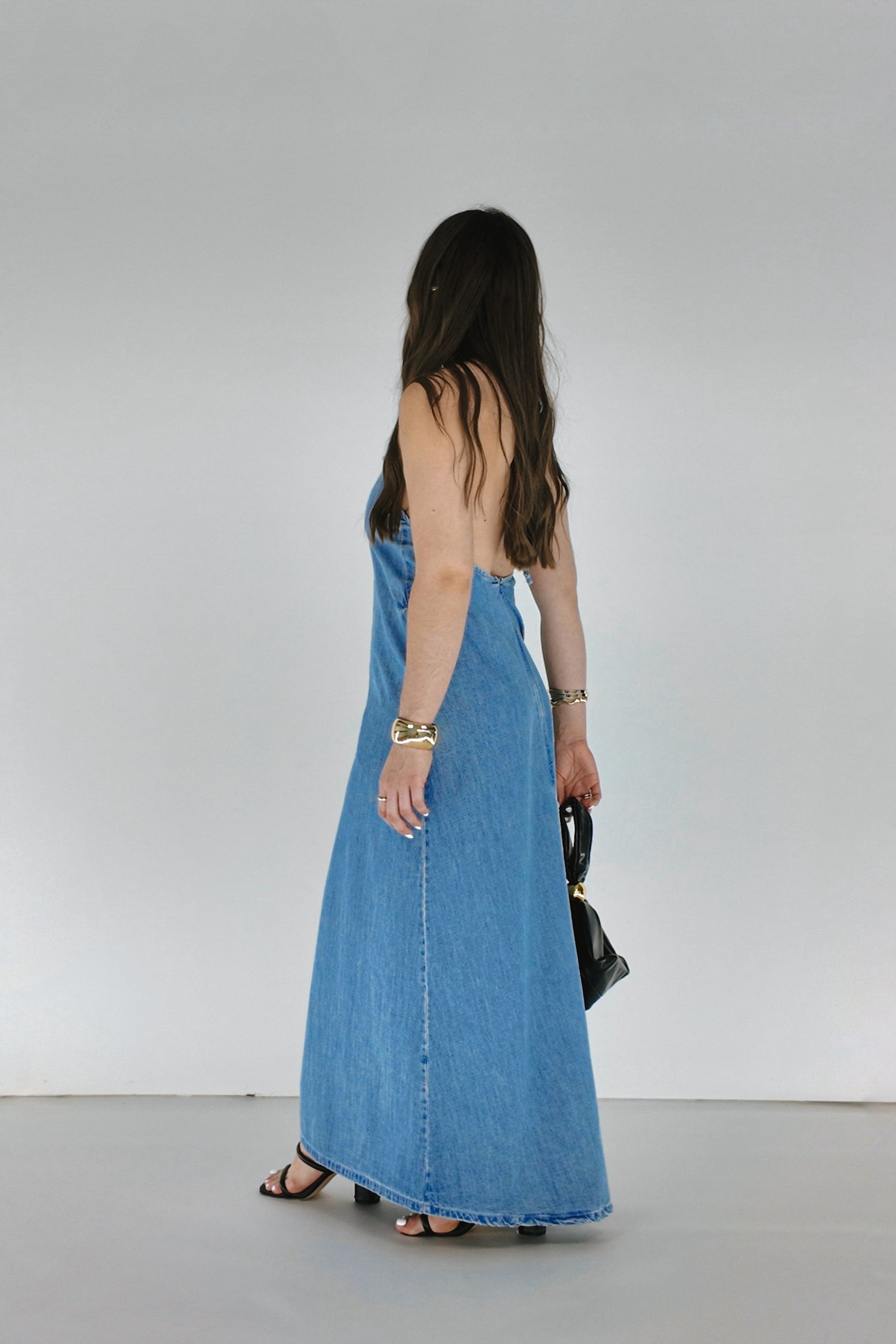 Golden Hour Backless Midi Denim Dress | Blue